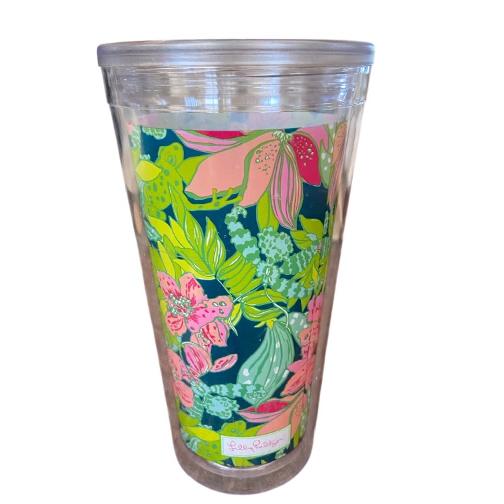 Lilly Pulitzer Tropical Tumbler - Pink and Green, missing lid ,keeps hot or cold